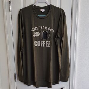 LuLaRoe Hudson Olive Long Sleeve Coffee Graphic Tee Size Large
